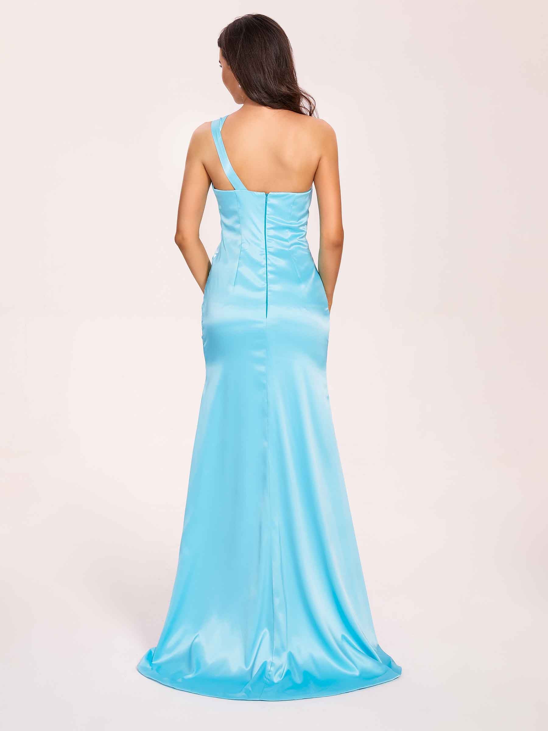 Sexy Satin One-shoulder Prom Dresses Side Slit Sheath Floor Length Long